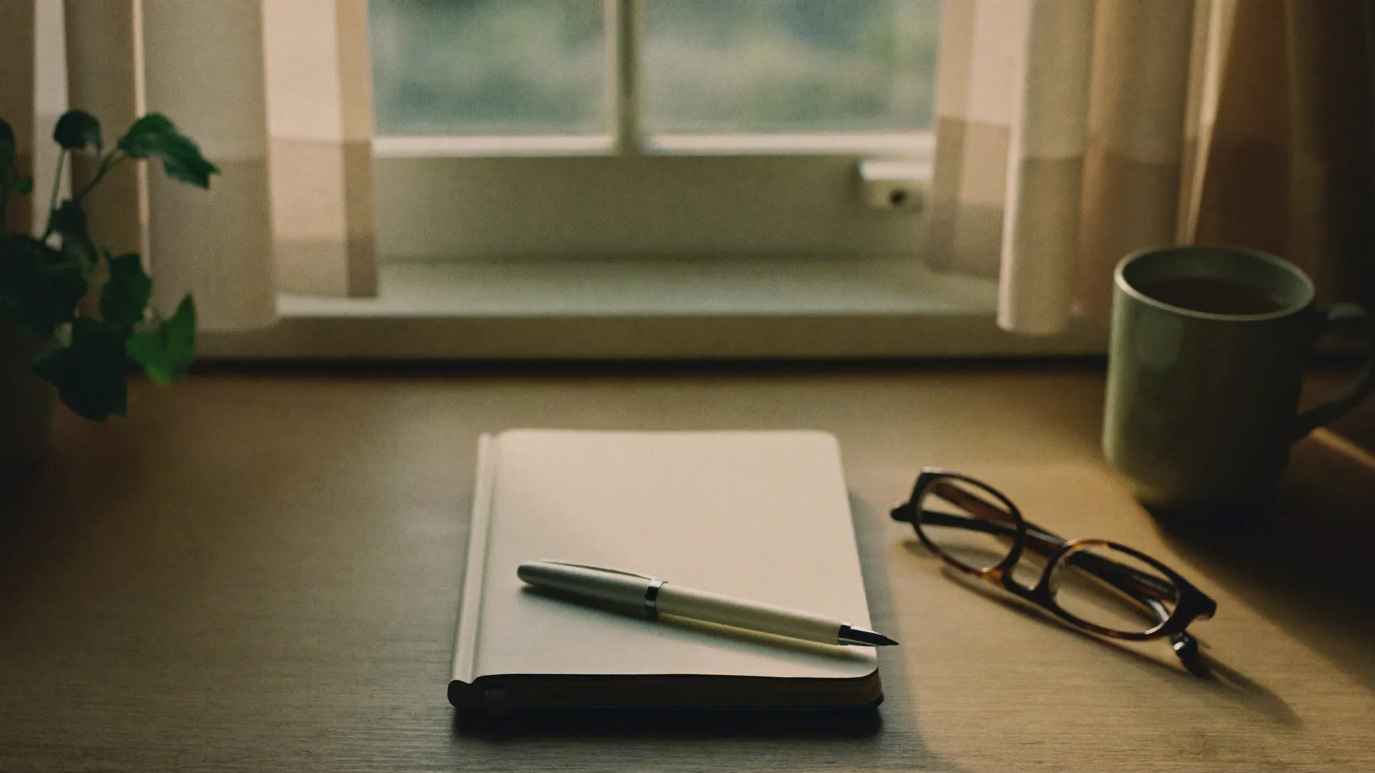 A calm review desk by a bright morning window, notebook, pen, glasses and tea