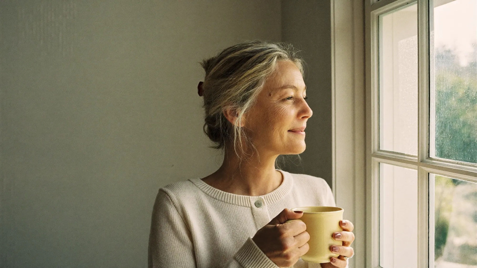 A serene woman in her fifties with a warm mug by a bright morning window