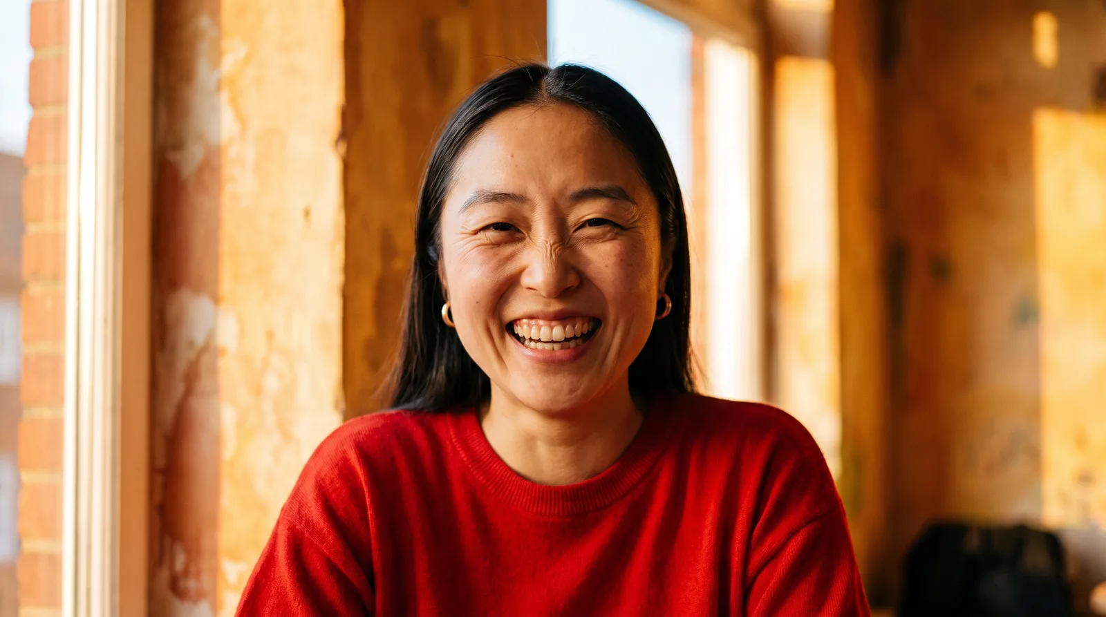 A woman laughing outdoors, at ease with the result