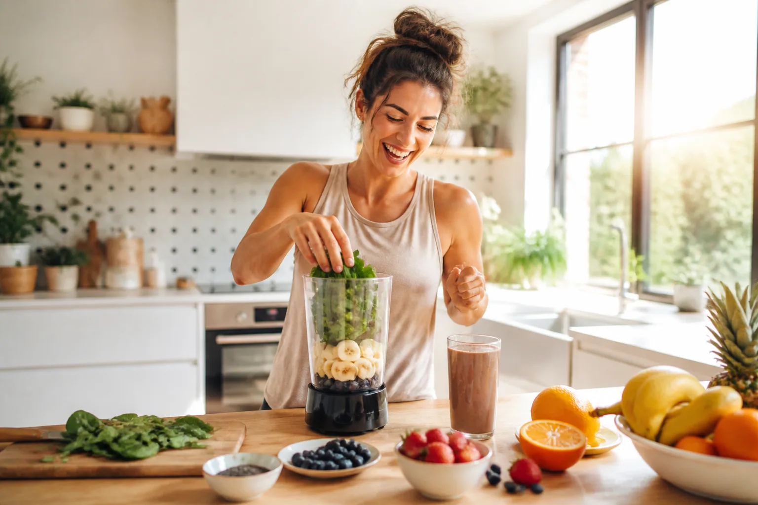 A woman laughing while making a morning smoothie in a sunlit kitchen