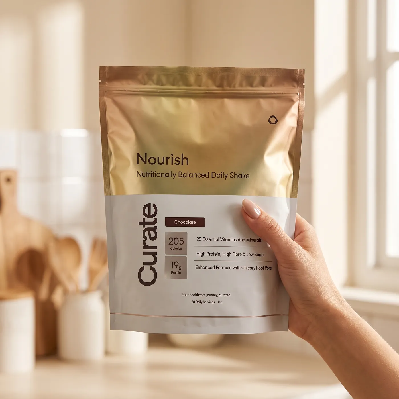A hand holding a Nourish Daily Shake pouch in a warm kitchen