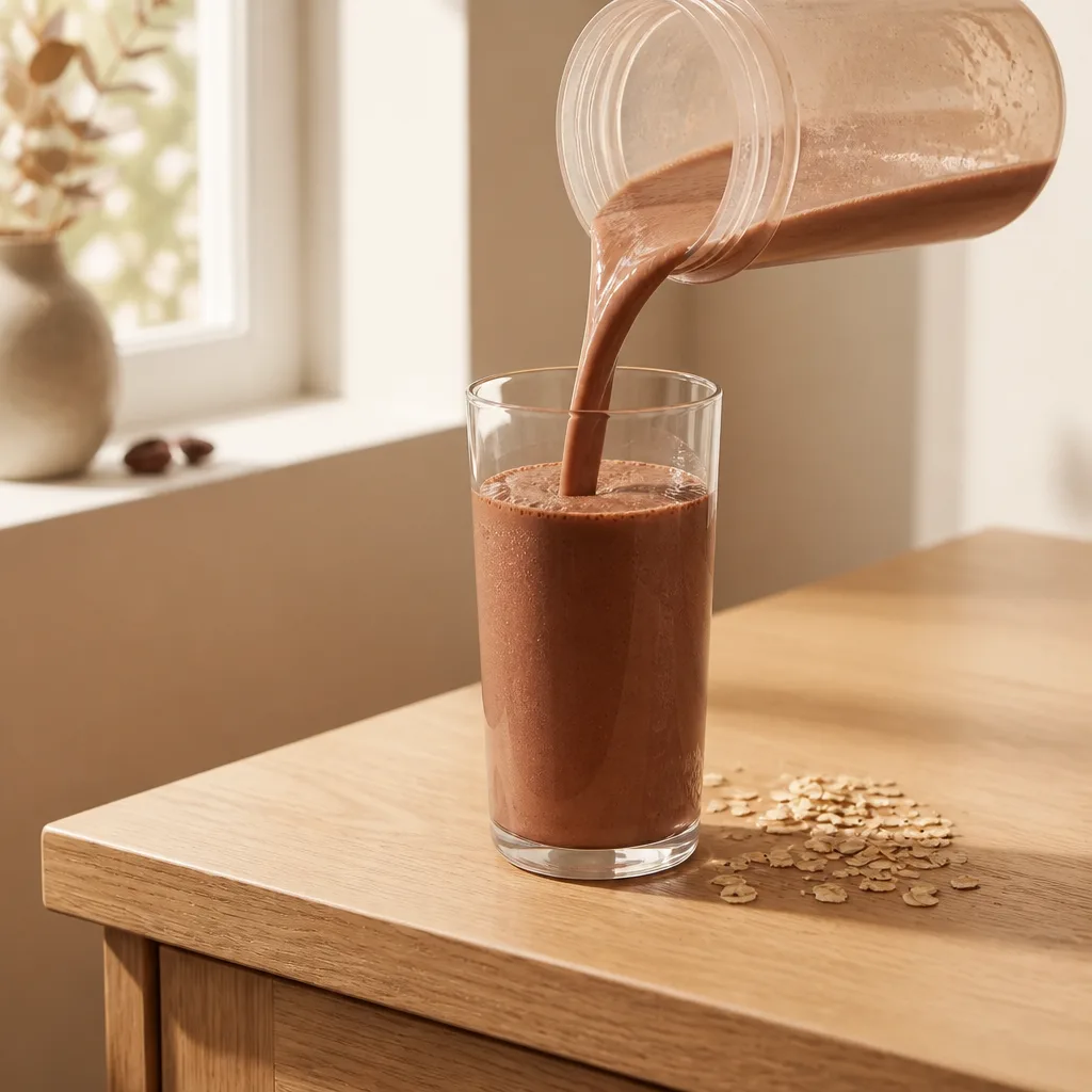 A chocolate Nourish shake being poured into a glass