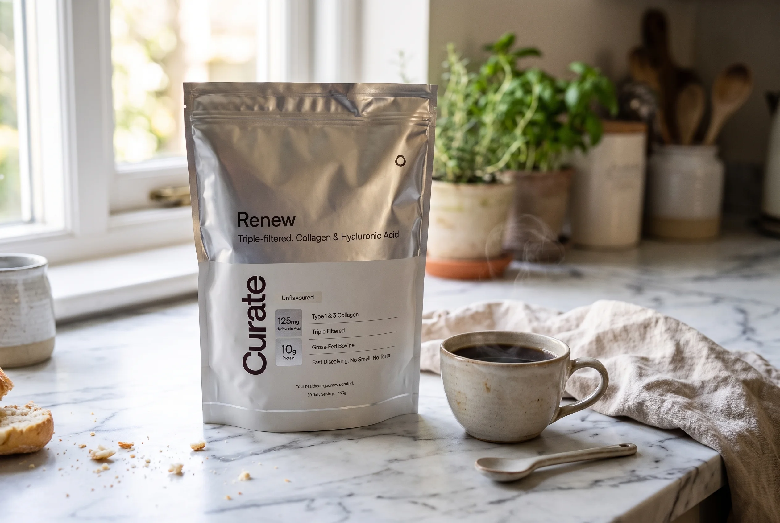The Renew Collagen pouch on a marble kitchen worktop beside a cup of coffee