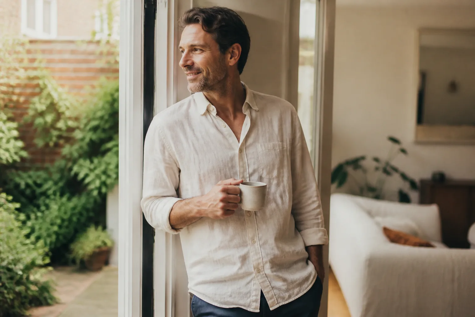 A relaxed man with a coffee on an unhurried weekend morning