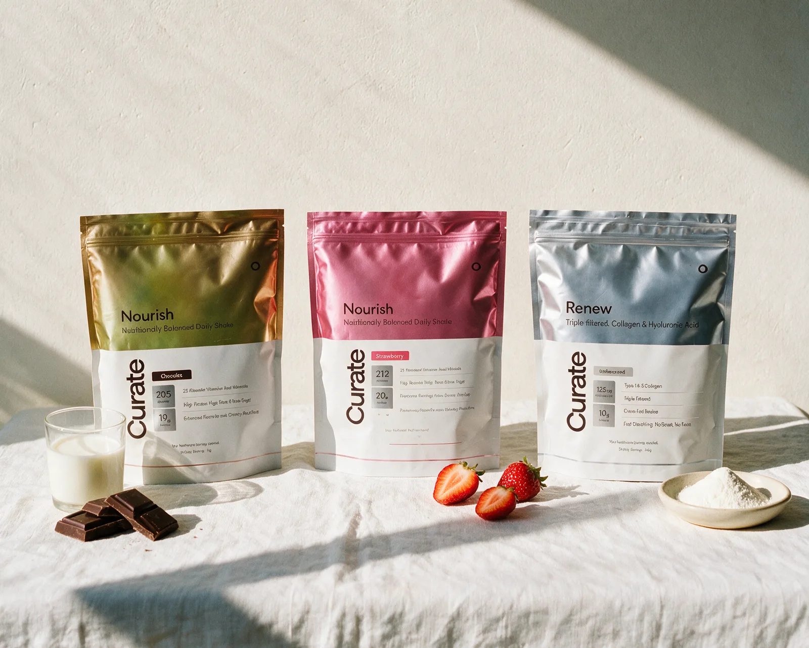 The Curated Nutrition range, Nourish chocolate, Nourish strawberry and Renew on a linen table