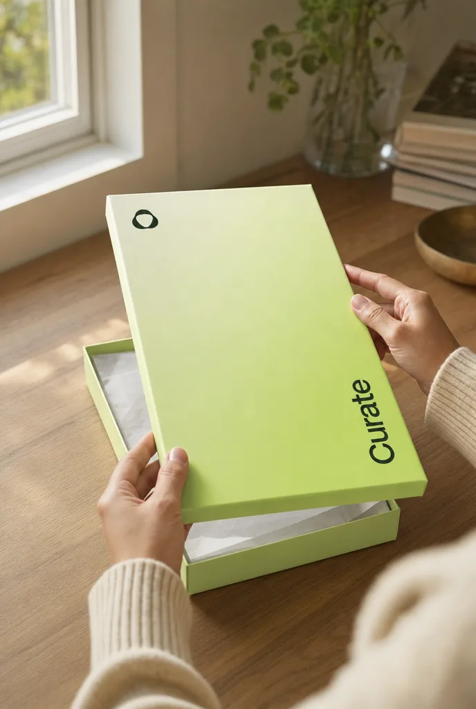 Hands opening a Curate delivery box on a warm oak table