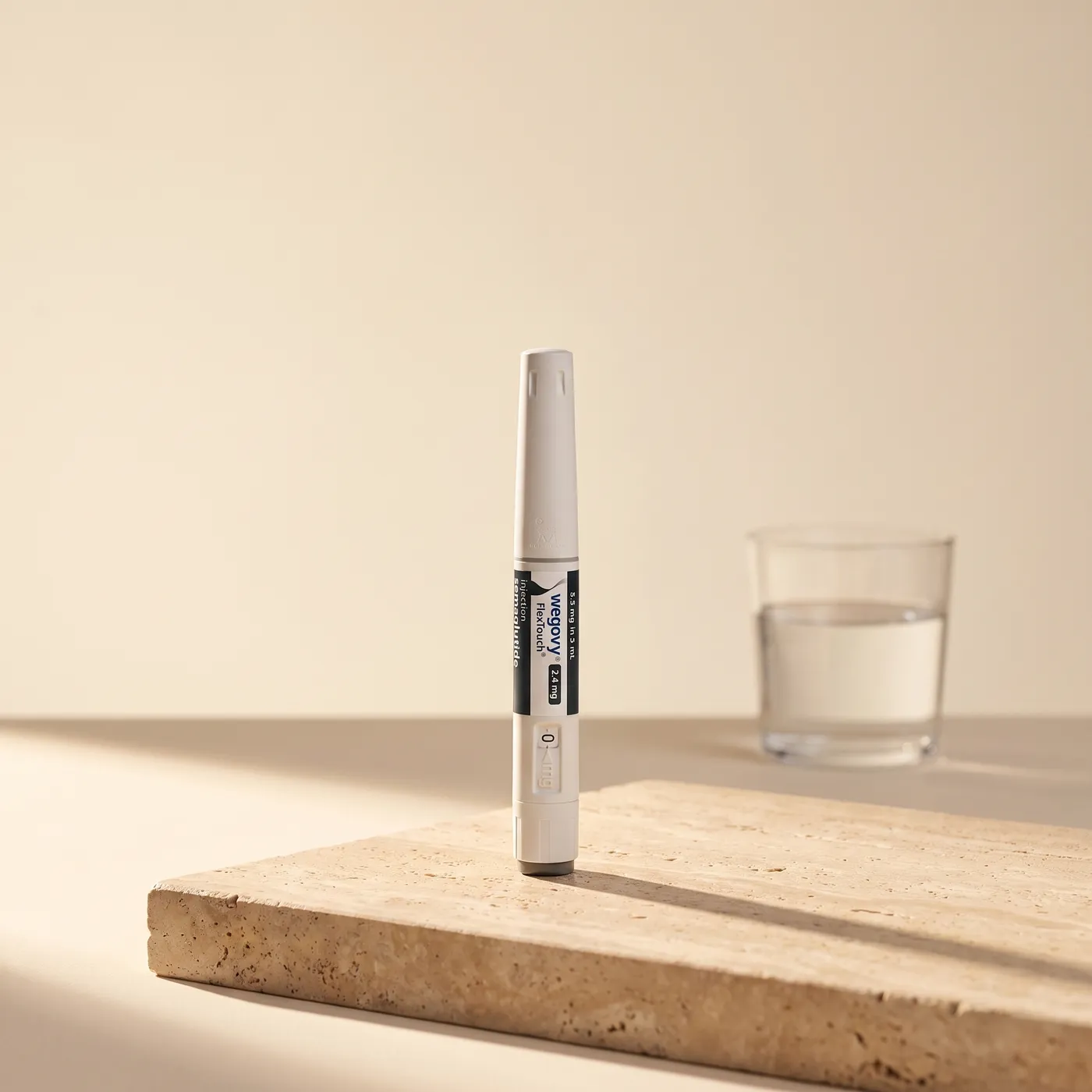 Wegovy FlexTouch pen standing on a travertine surface in soft morning light