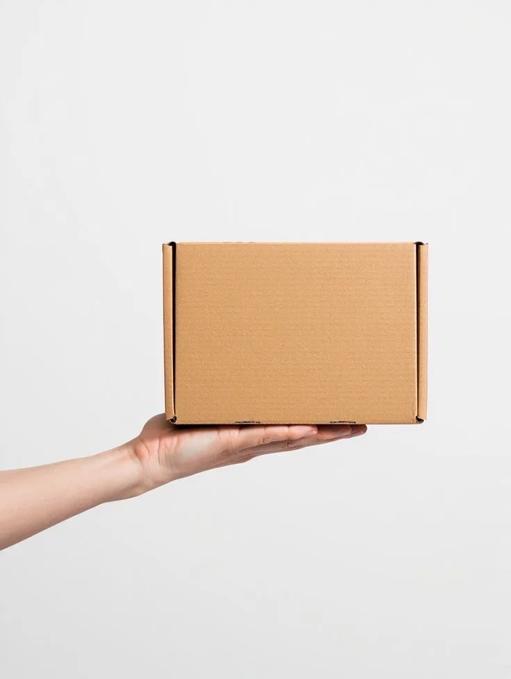 A hand holding a plain, unmarked cardboard delivery box